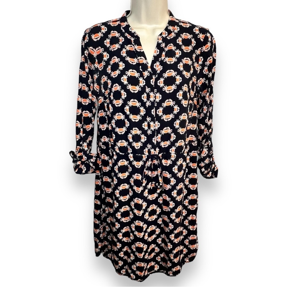 Crown and Ivy Women’s Roll Tab Sleeve Shift Dress Coral Navy Crab Print Size 4P